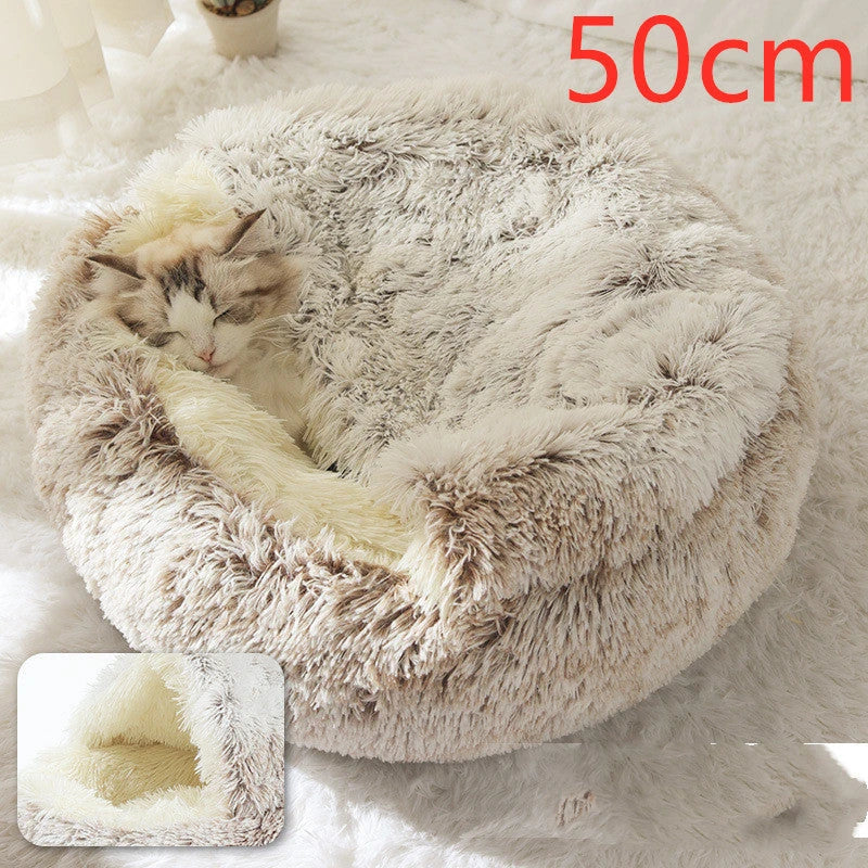 A soft, plush pet bed in various colors, including olive green, brown, pink, and grey, designed for the comfort and relaxation of cats and dogs.