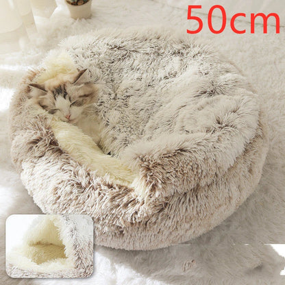 A soft, plush pet bed in various colors, including olive green, brown, pink, and grey, designed for the comfort and relaxation of cats and dogs.