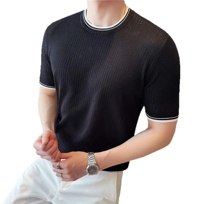 Men's round neck contrast colour stretch knitted t-shirt, short sleeve summer top in white, black or brown