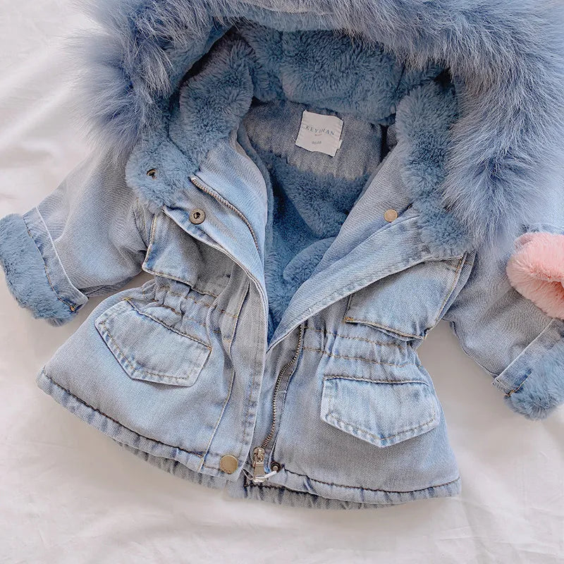 Blue denim coat for a girl with an attached hood and velvet lining.