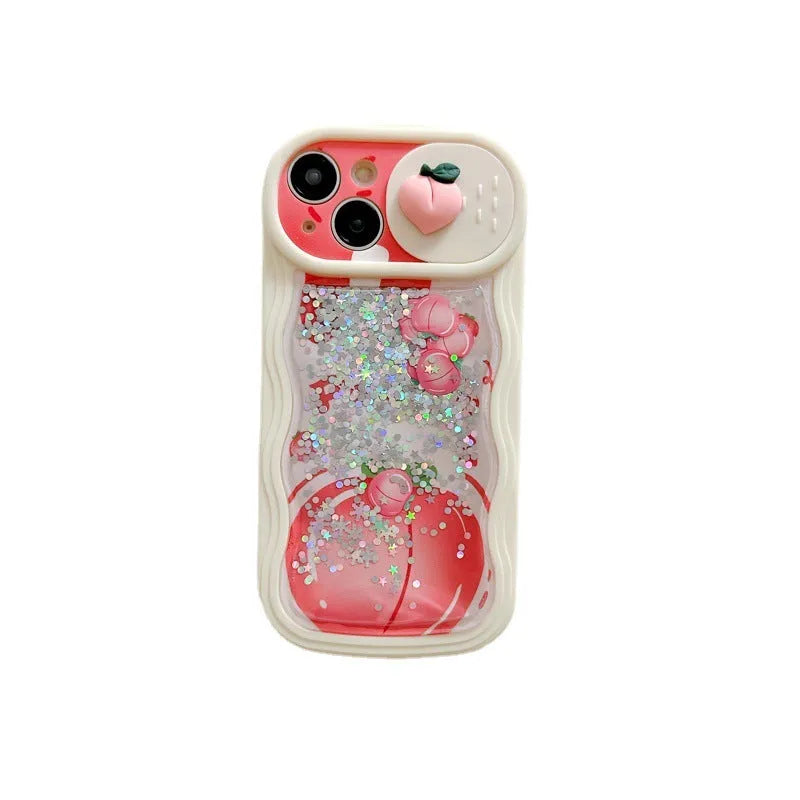Fruit style quicksand phone case in quicksand peach, all-inclusive TPU design for iPhone, fall protection, cartoon elements.