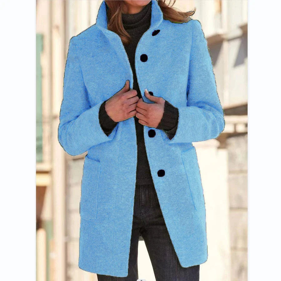 Fashionable wool coat with stand collar, pockets, and a variety of color options for casual fall and winter wear