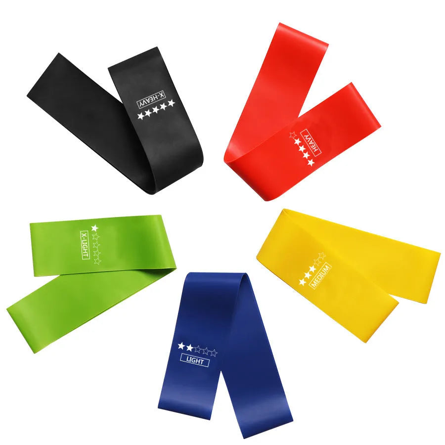 Five TPE resistance bands set for legs and butt exercise with cloth bag and manual, colour options.