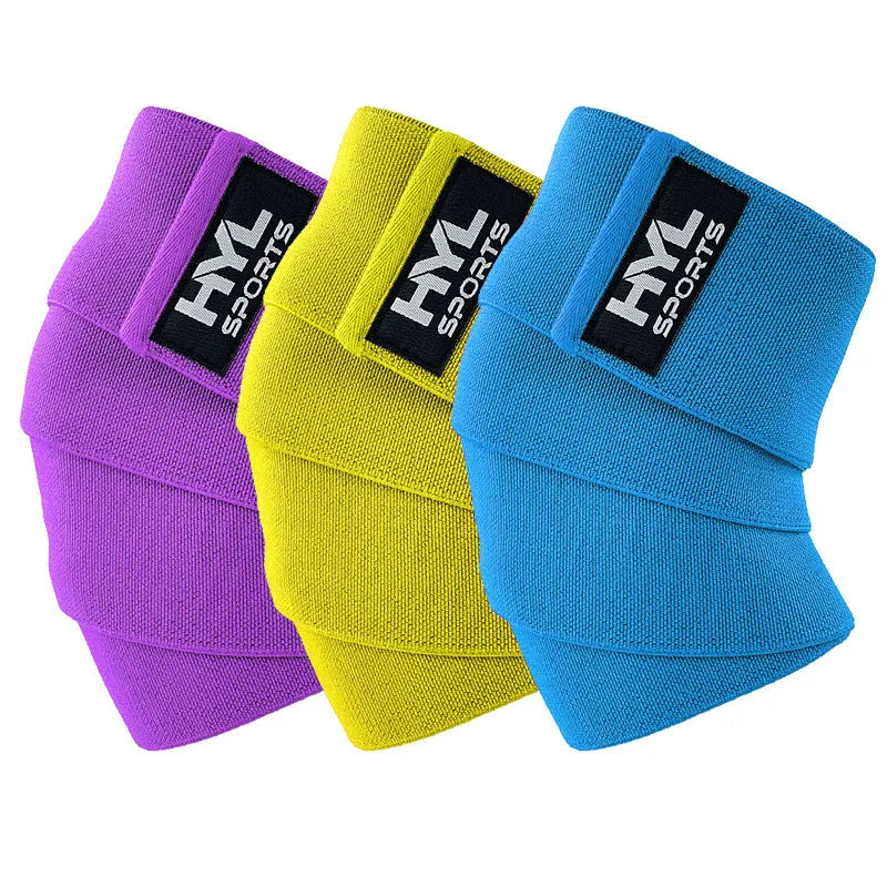 High elastic nylon knee pad in black with winding bandage design for weightlifting squat gym support