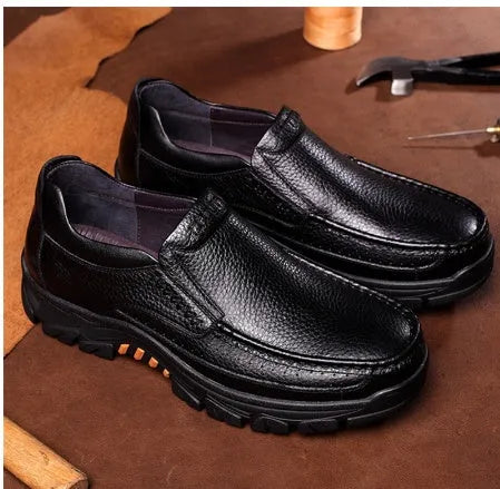 Men's black and brown business casual slip-on loafers with cowhide leather upper