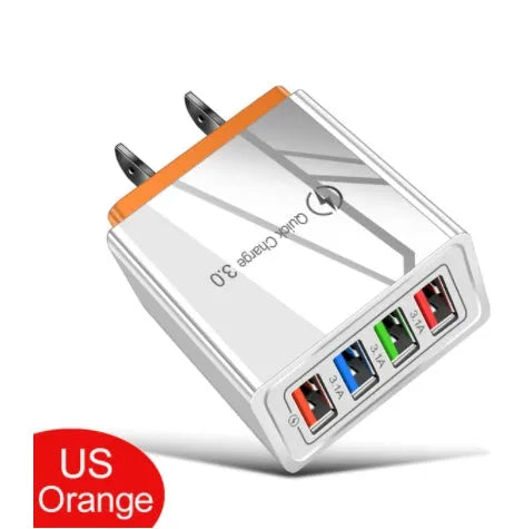 Four-port USB wall charger with luminous light, shown in dark blue colour with EU plug.