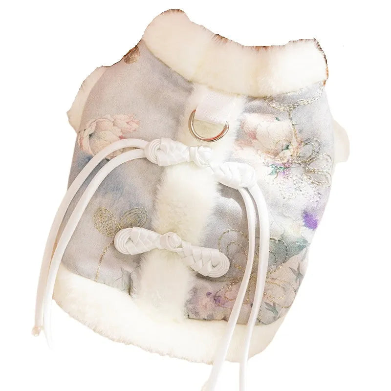 New Chinese-style pet vest with fleece lining, faux fur collar, and traditional knotted tie for small dogs in blue.