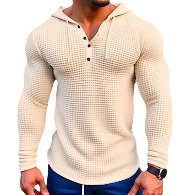 Men's pullover casual long sleeve waffle t-shirt in solid colour with hood, slim fit, front view