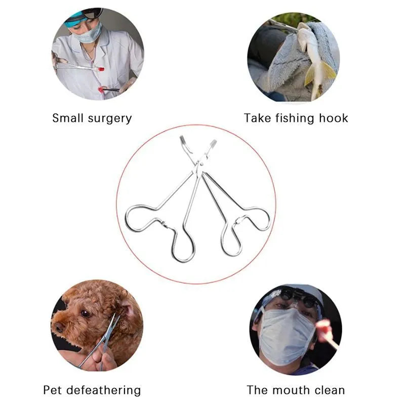 Silver stainless steel pet ear cleaning tweezers with curved tip and ergonomic handle