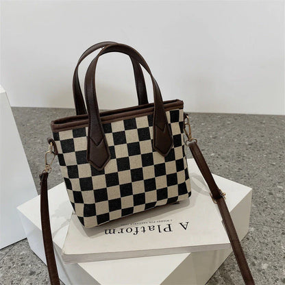 Stylish houndstooth shoulder bags in various colors, featuring a spacious square shape, adjustable strap, and classic checkerboard pattern.