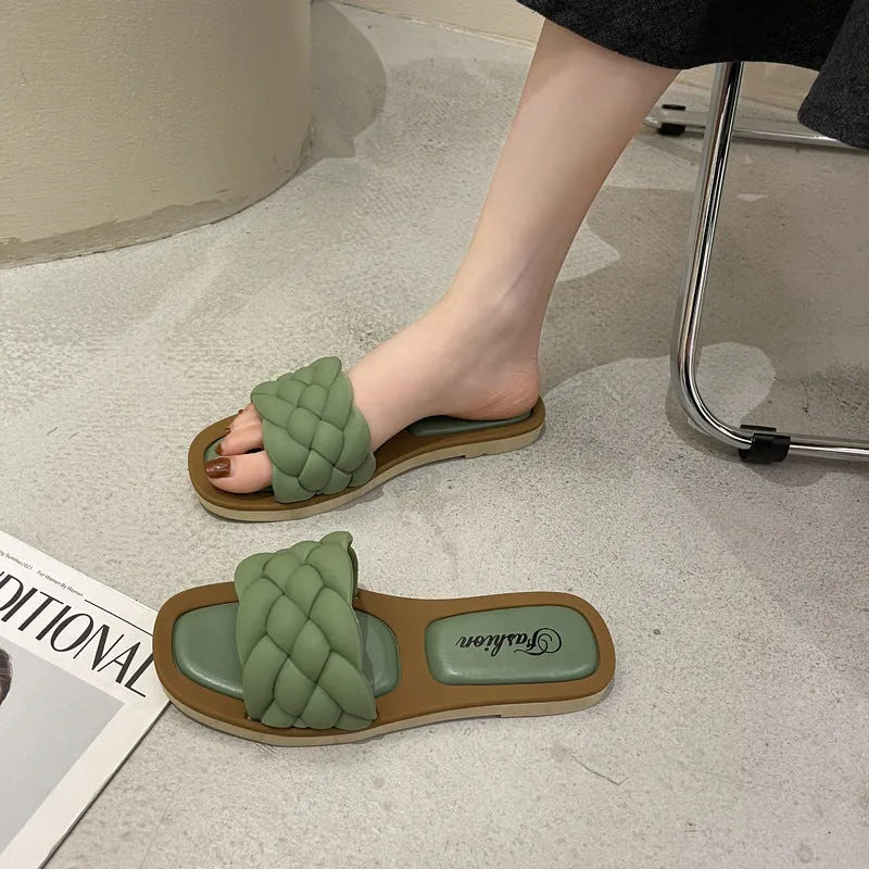 Women's plaid-patterned PVC beach sandals with a thick anti-skid sole, shown in white, green, orange, and black.