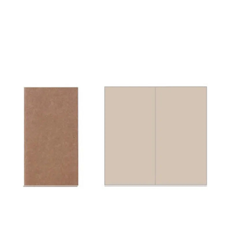 A5 kraft paper travel diary notebook with saddle stitching, open to show lined pages, on a wooden surface