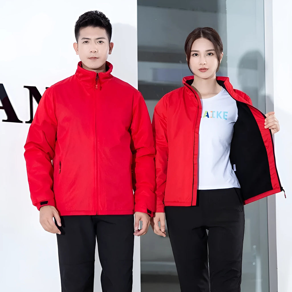 Integrated shell jacket with 250g polar fleece lining, windproof polyester outer in royal blue, black, dark blue or red