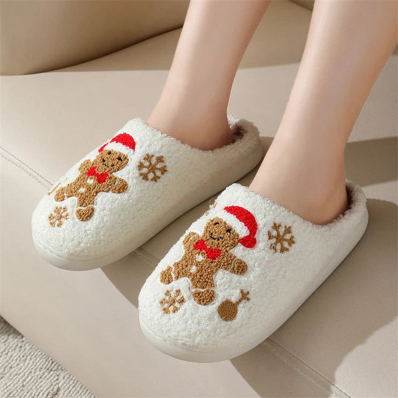 Cozy and stylish gingerbread and snowflake slippers with a plush, fuzzy exterior and non-slip sole for indoor wear