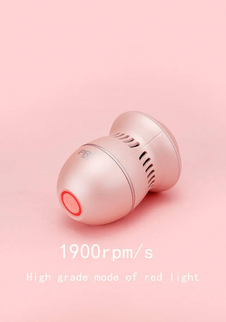 Beige and white USB-charged electric foot file grinder with vacuum system and two diamond grinding heads.