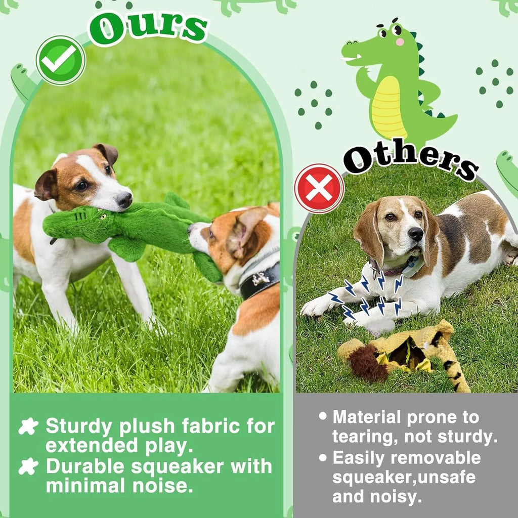 Dark green plush crocodile dog toy with no stuffing, squeaker, and crinkle paper