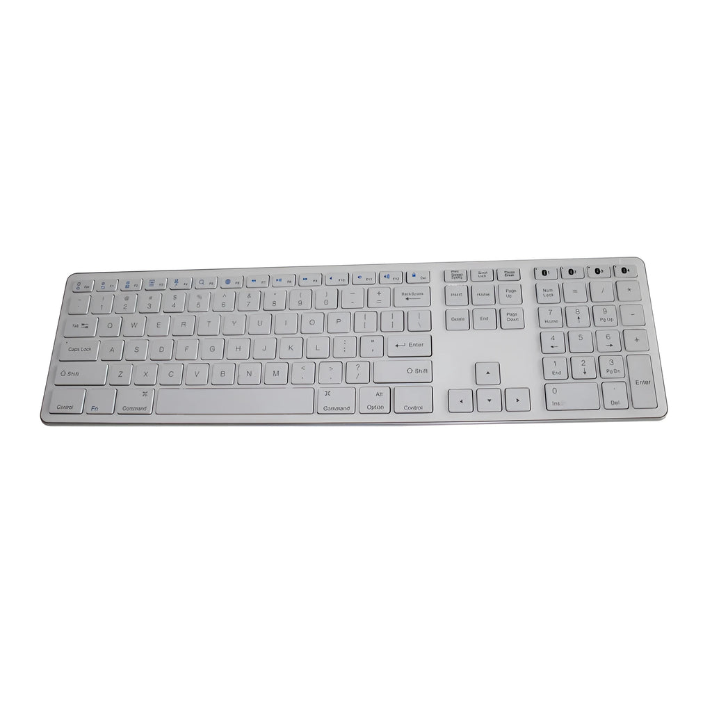 White 109-key wireless Bluetooth keyboard on a desk, showing three-key zone layout.
