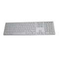 White 109-key wireless Bluetooth keyboard on a desk, showing three-key zone layout.