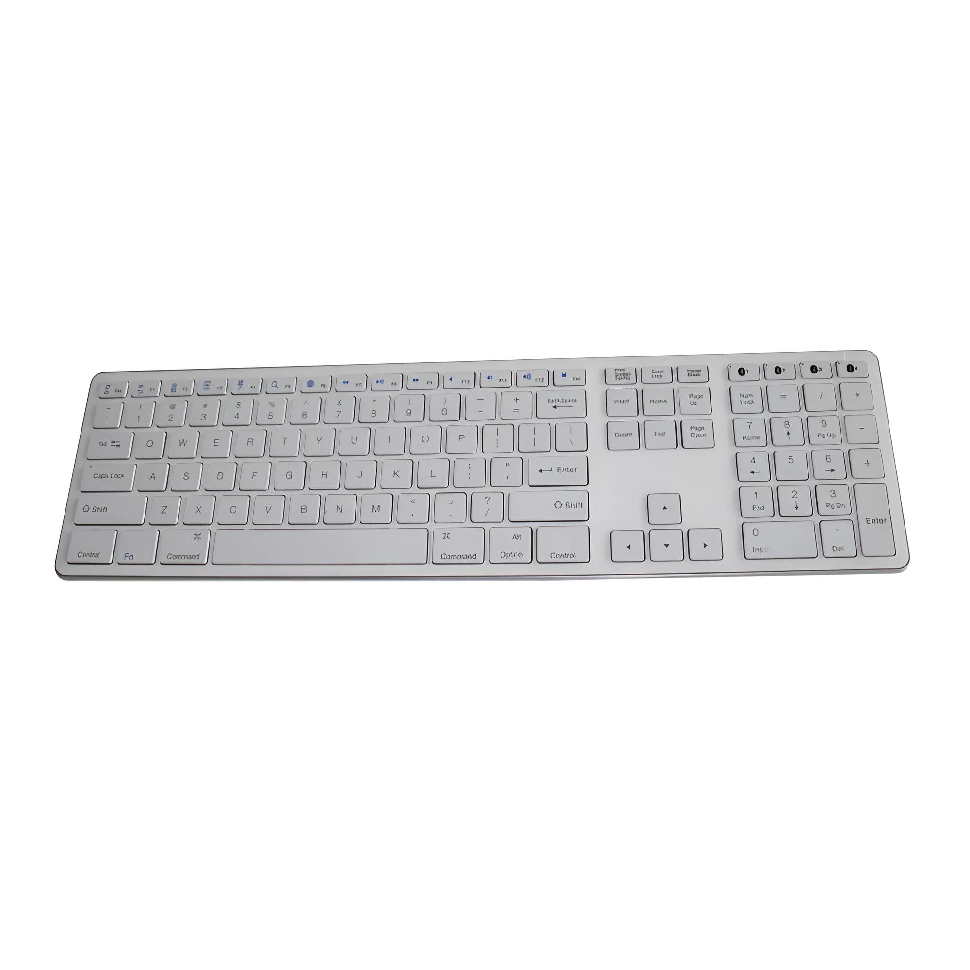 White 109-key wireless Bluetooth keyboard on a desk, showing three-key zone layout.