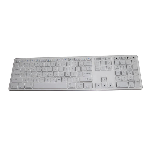 White 109-key wireless Bluetooth keyboard on a desk, showing three-key zone layout.