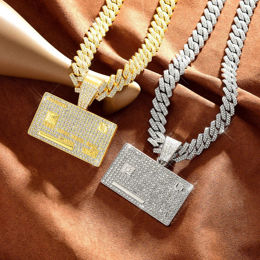 Alloy bank card pendant necklace with 20 inch Cuban chain in silver colour, geometric quadrilateral shape