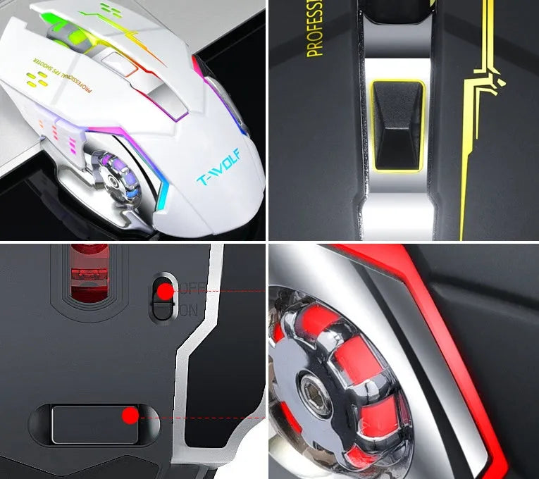 Black and white wireless computer mouse with six buttons and mute function for laptop use