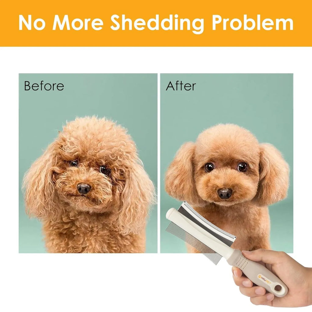 White 2 in 1 dog and cat deshedding brush with double-sided grooming comb and ergonomic handle.