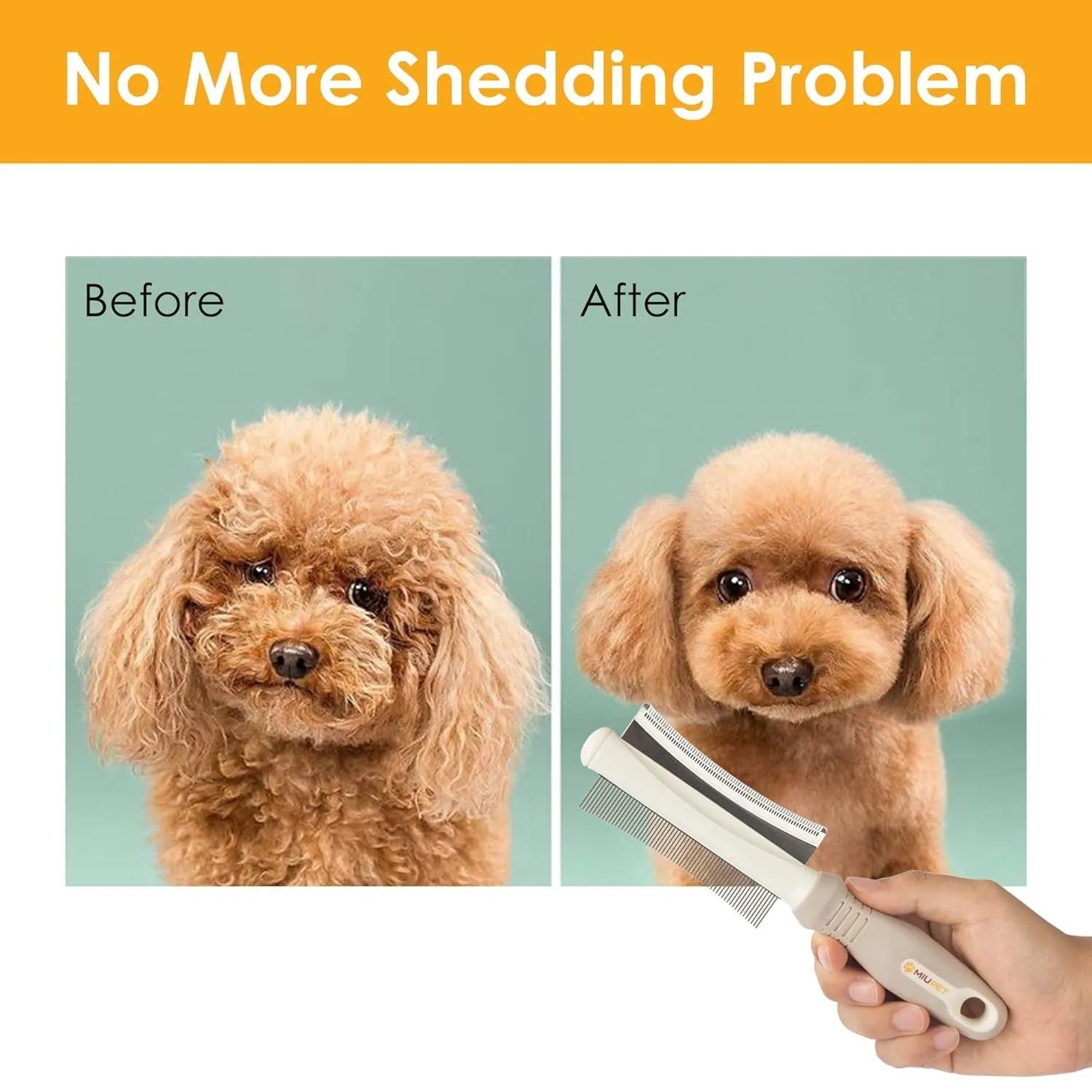 White 2 in 1 dog and cat deshedding brush with double-sided grooming comb and ergonomic handle.