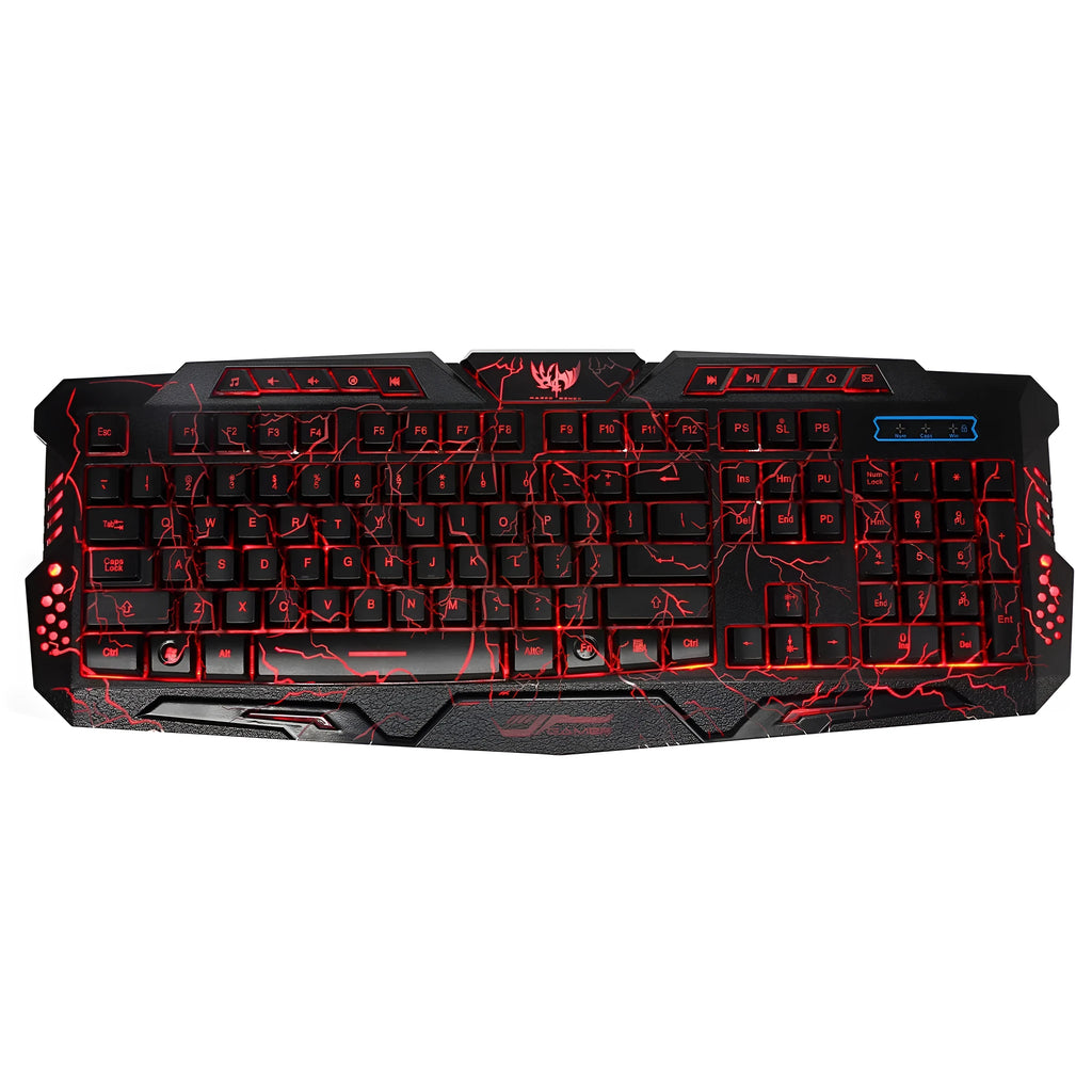 Black backlit game crack keyboard with three-colour adjustable backlight, anti-slip patches, and large curved keys