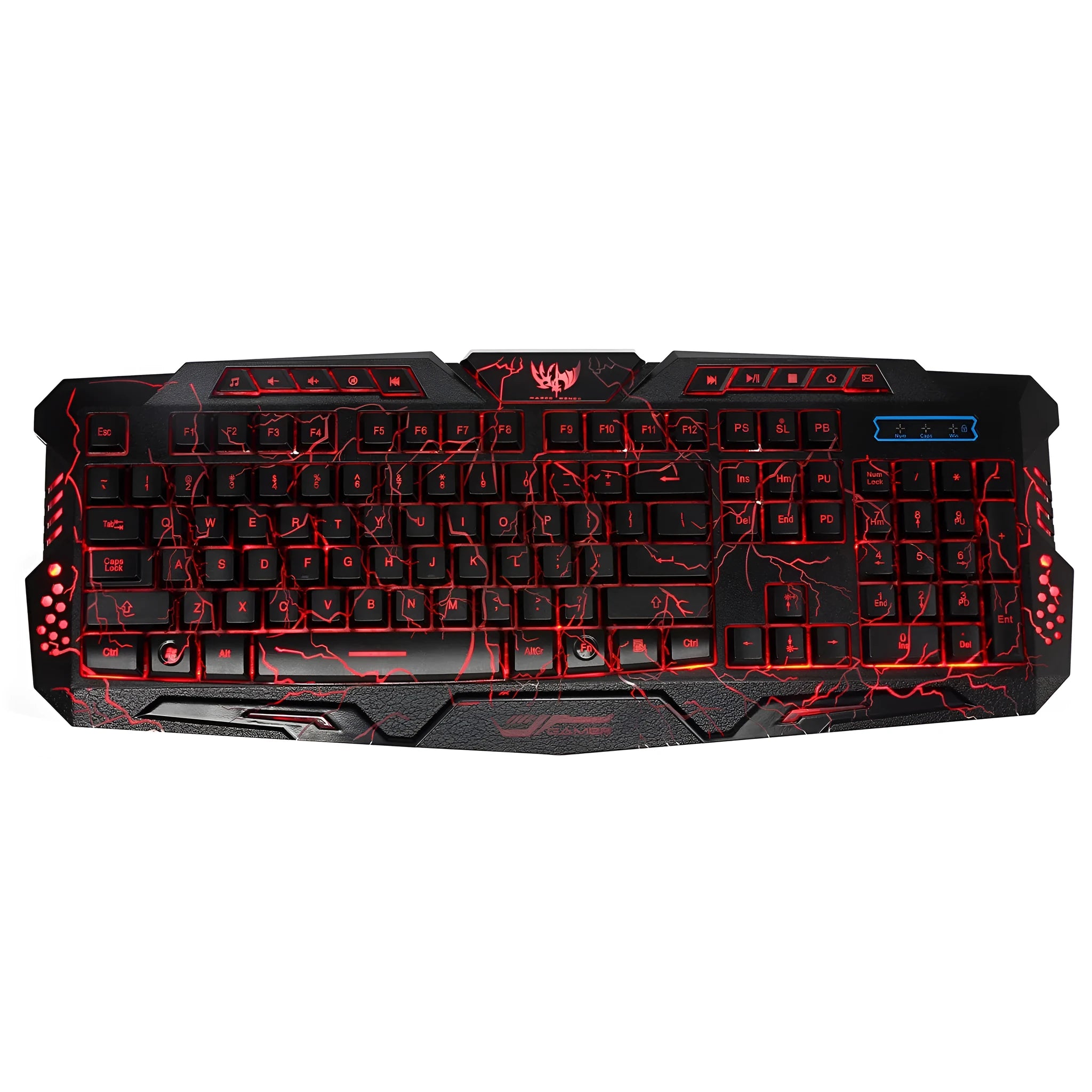 Black backlit game crack keyboard with three-colour adjustable backlight, anti-slip patches, and large curved keys