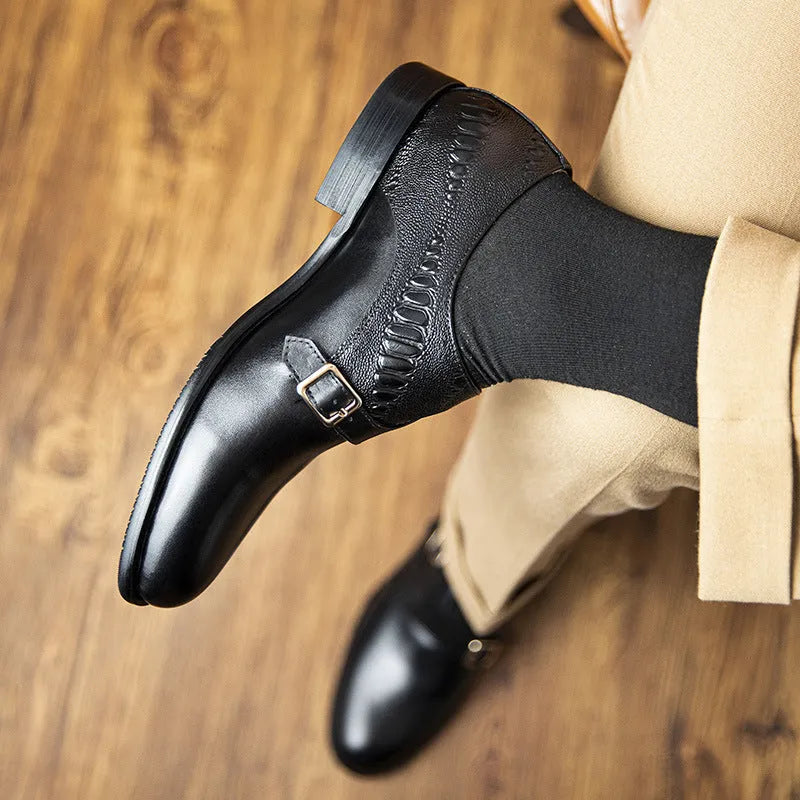 Men's first layer cowhide round toe double buckle retro style leather shoes black