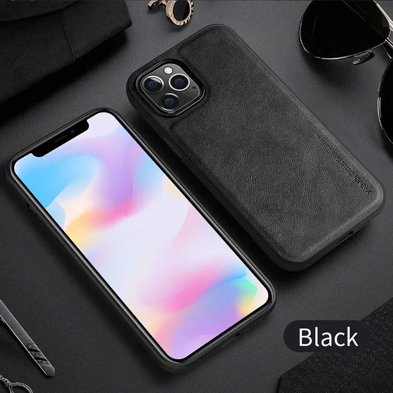 Black business leather phone case for iPhone 12 with PU leather back and soft TPU bumper sides