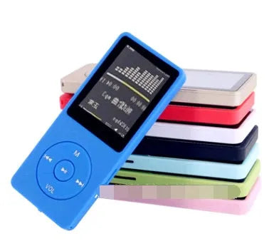 A slim, colourful 1.8-inch screen MP4 player showing a music interface, highlighting its long battery life and FM radio.