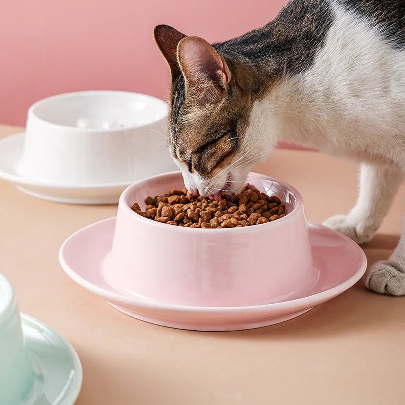 Green ceramic pet bowl with raised neck protection collar and anti-knock slow feed design