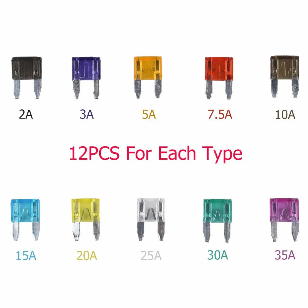 120 small car fuses in assorted colours, blade-style insert type for 24V automotive use