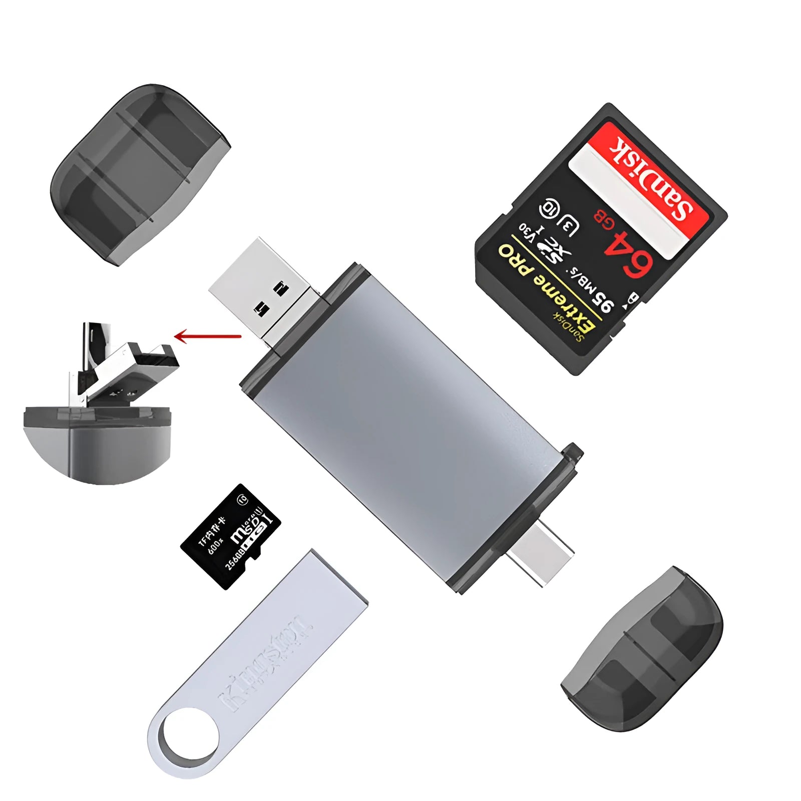 Grwibeou T-933 OTG card reader 6-in-1 upgraded version with USB and card slots for computer and phone data transfer
