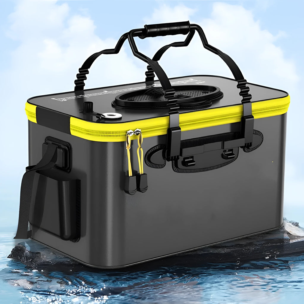 Thickened EVA fishing bucket in black, dark green, or transparent with double-opening mouth, 30cm to 50cm sizes, and oxygen pump options.