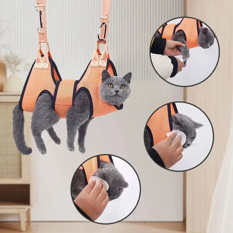 Cat grooming restraint bag hanging hammock in three sizes for nail trimming and bathing