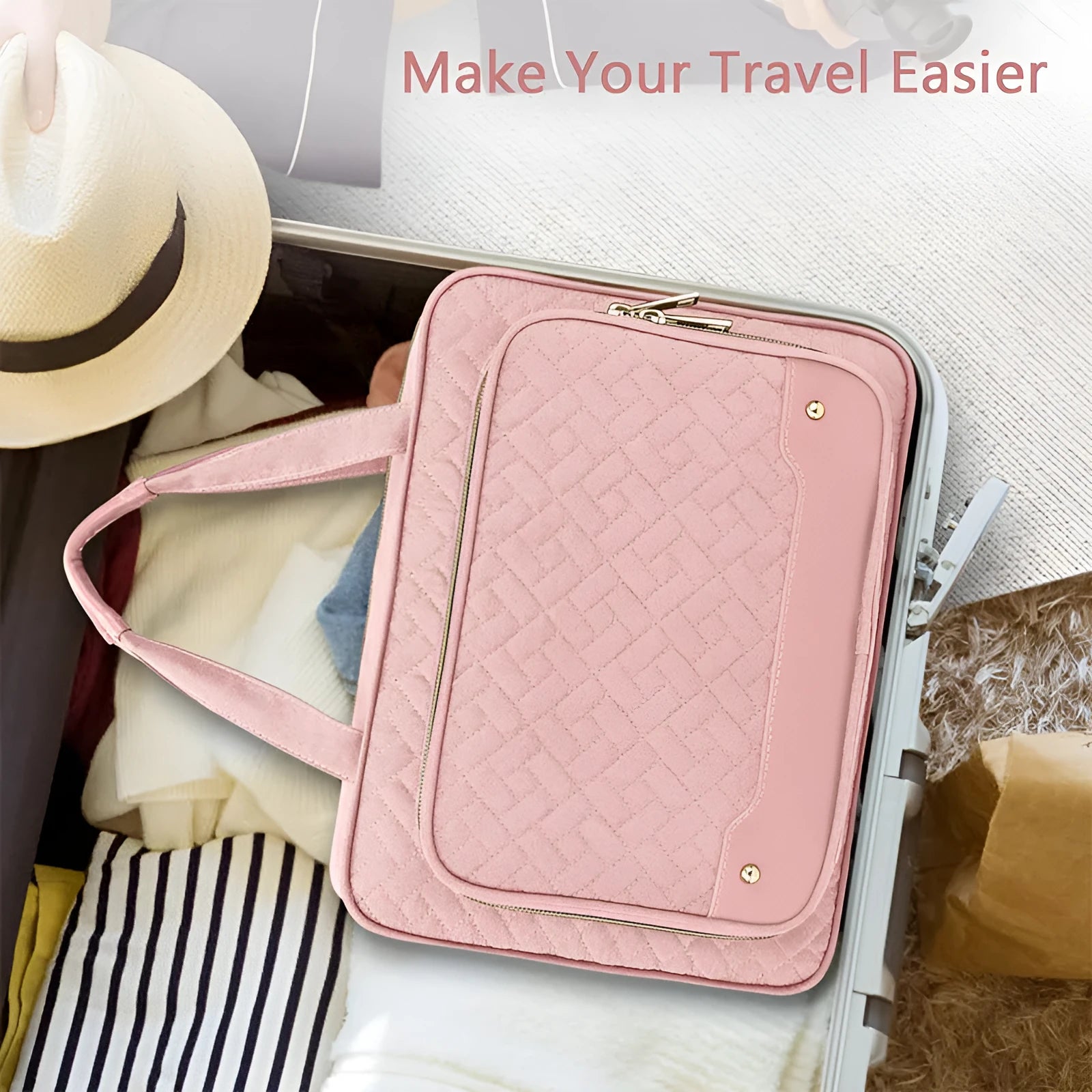 Hanging waterproof cosmetic bag in pink or black measuring 30.5 x 11 x 22.9 cm