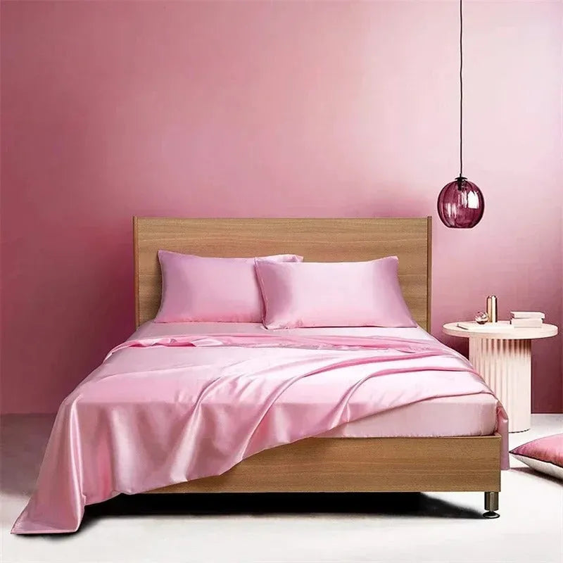 Four-piece imitation silk bedding set in navy blue – includes quilt cover, fitted sheet, and two pillowcases with satin weave finish