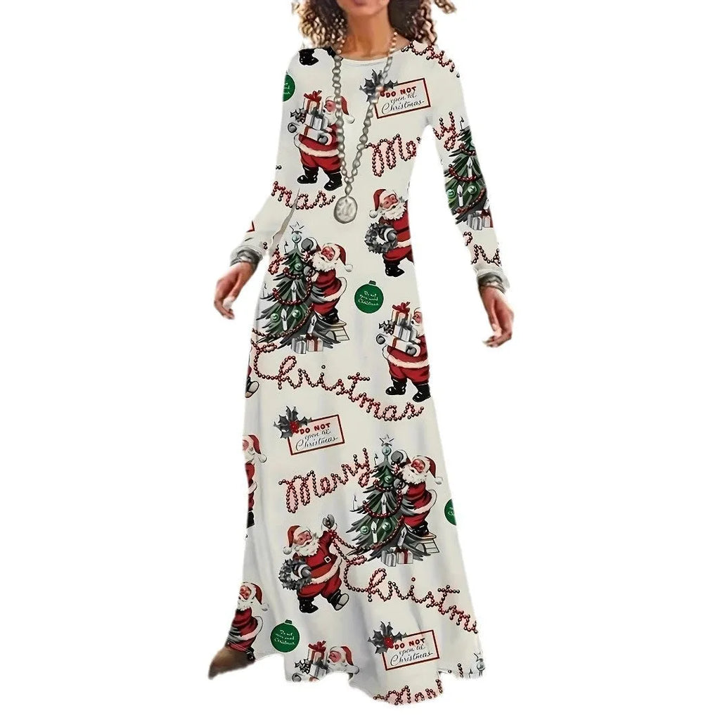 Santa Claus printed round neck long sleeve polyester dress in beige with mid waist and long skirt