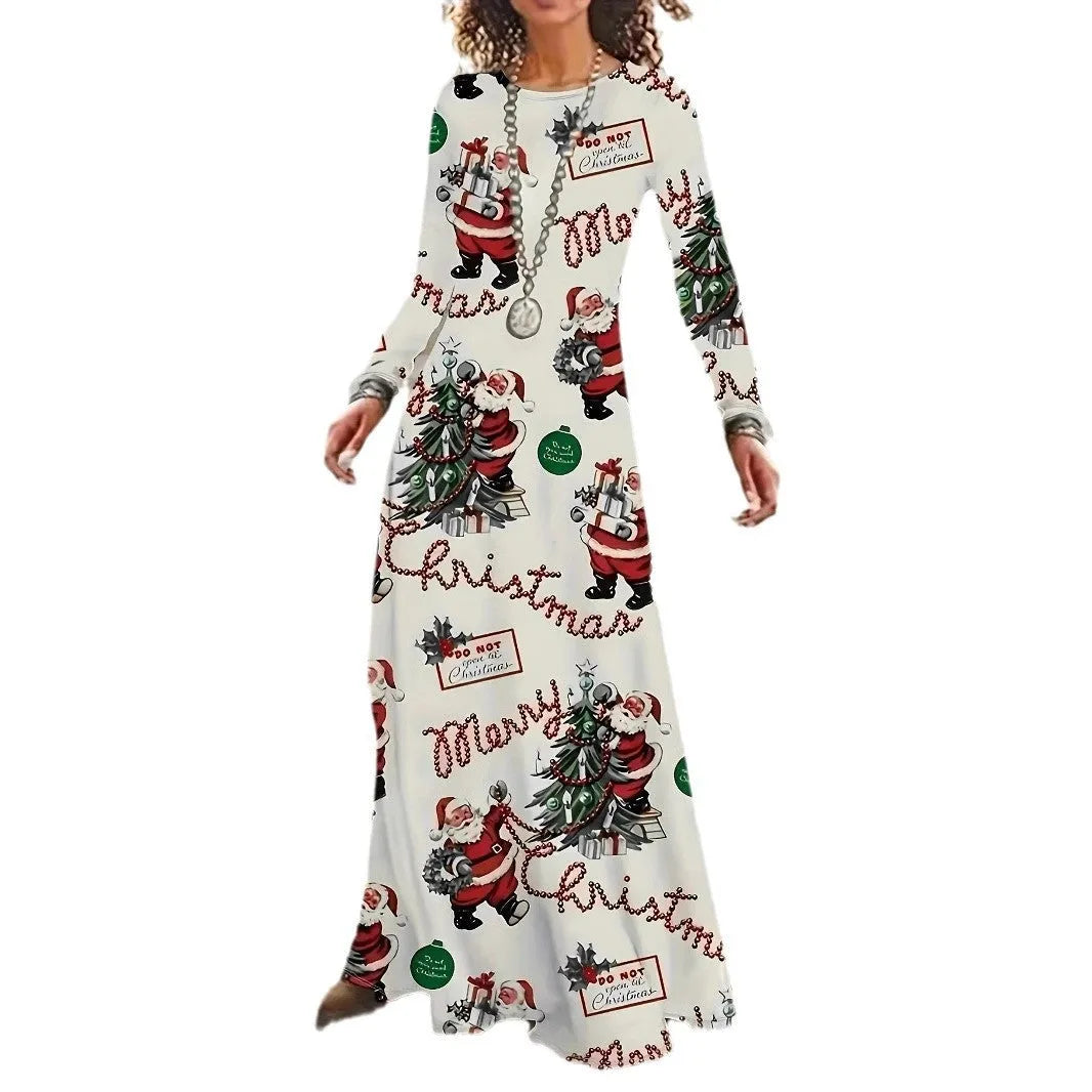 Santa Claus printed round neck long sleeve polyester dress in beige with mid waist and long skirt