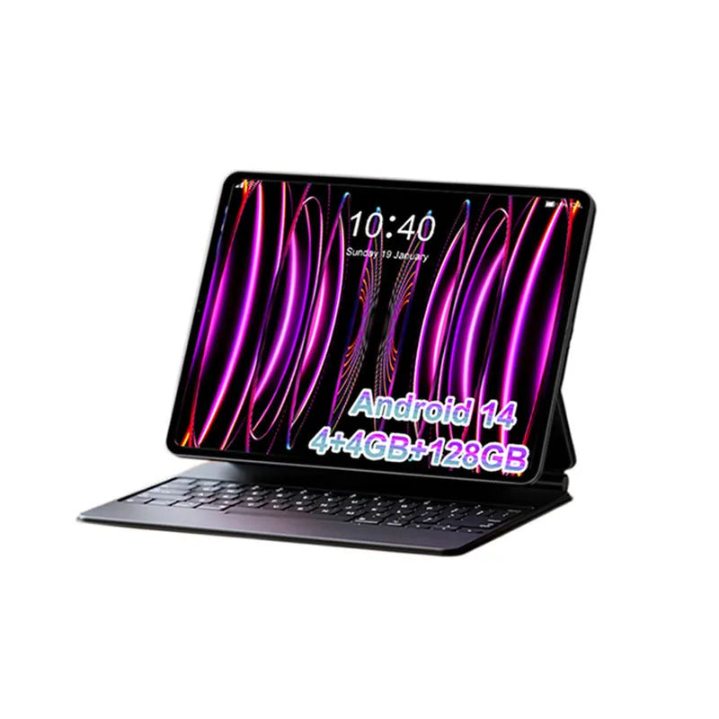 10-inch bare metal blue tablet with leather keyboard case on a desk
