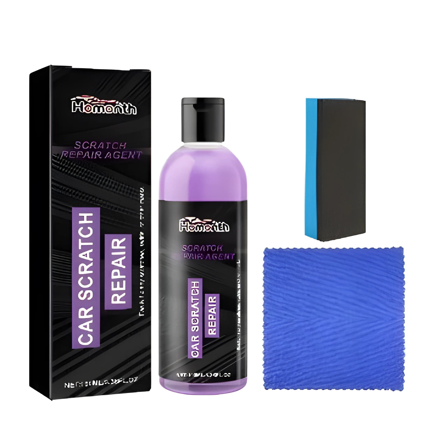 Scratch repair agent kit showing 100ml bottle, sponge applicator, and microfibre cloth