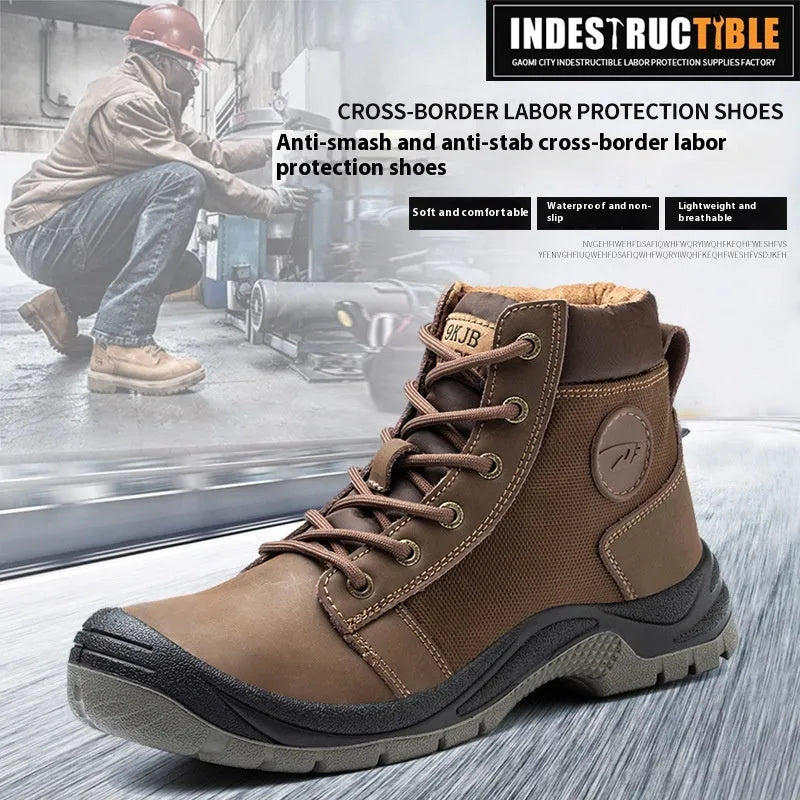Lightweight labour protection safety shoes in orange, grey, green or yellow colours with leather upper and rubber sole
