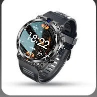 Multi-functional sports smartwatch with dual cameras on wrist, showing touch screen interface.