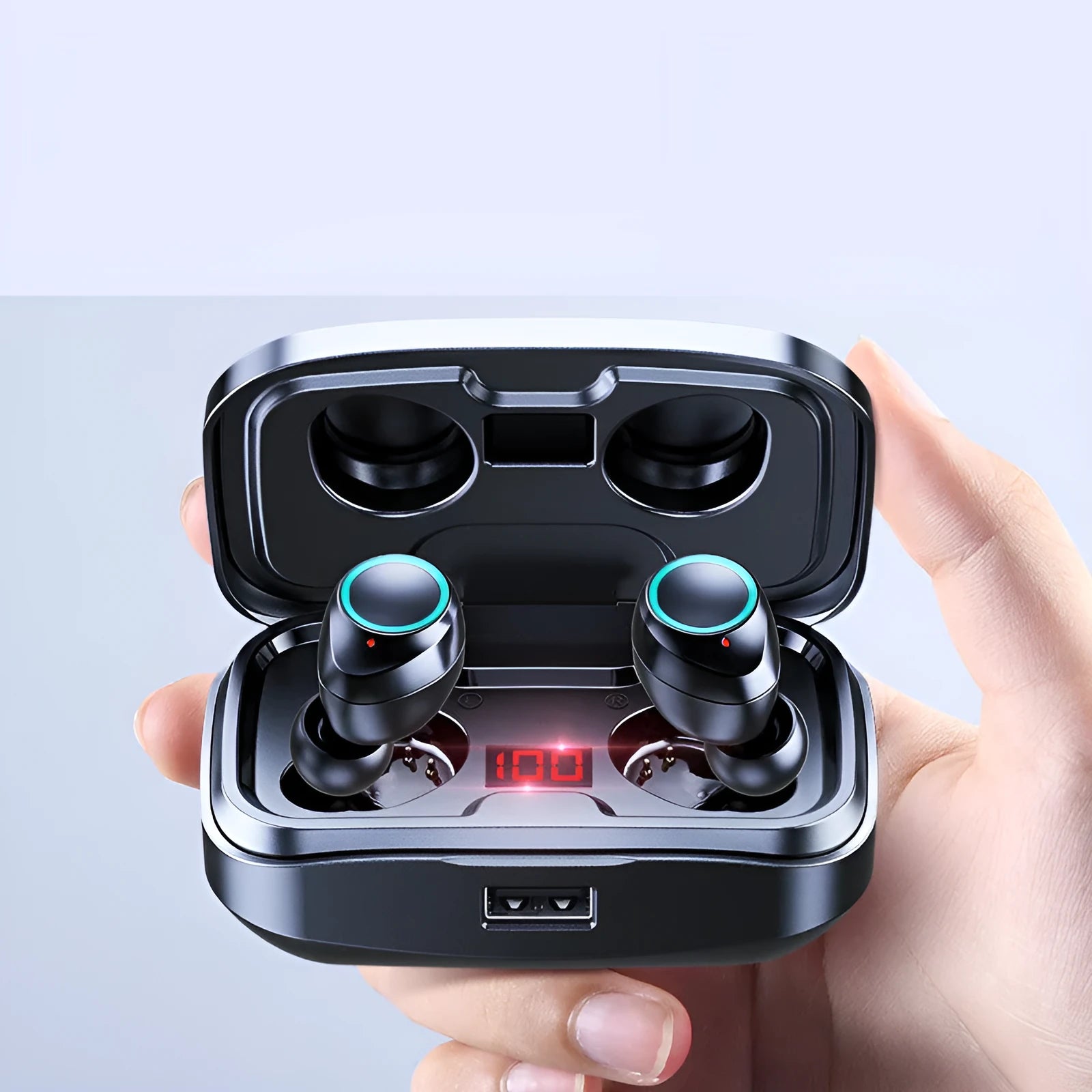 Black wireless Bluetooth in-ear headphones with private mould ear-tips on a white background.