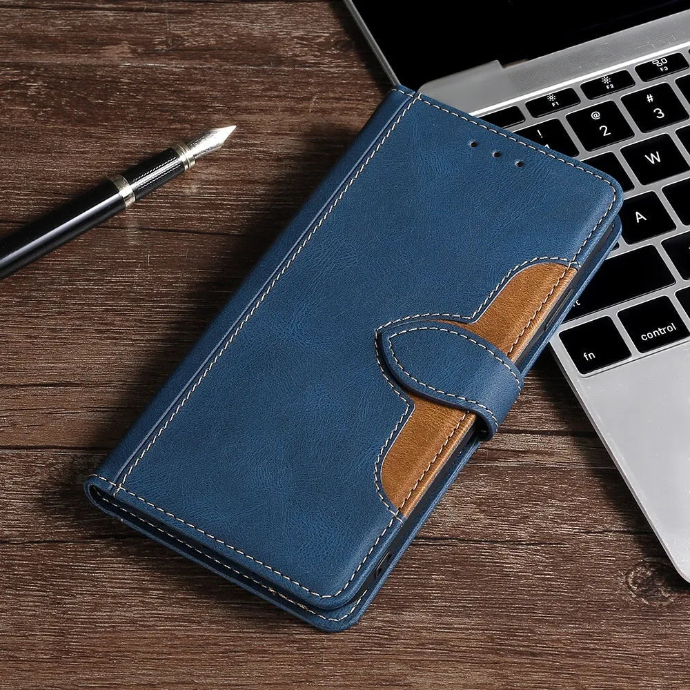 Flip phone case with card slot and kickstand bracket for Apple iPhone, available in black, brown, red, blue