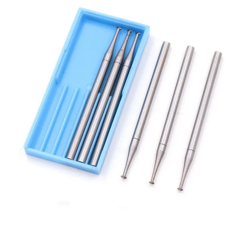 Blue box containing six thin disc needle tungsten steel carving cutters on 2.35mm mandrels, sizes 1.0mm to 2.0mm.