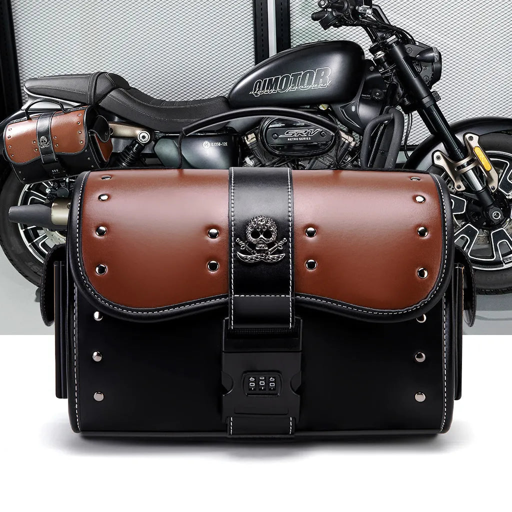 PU leather motorcycle front bag with colour contrast patchwork design, model FBG397BK